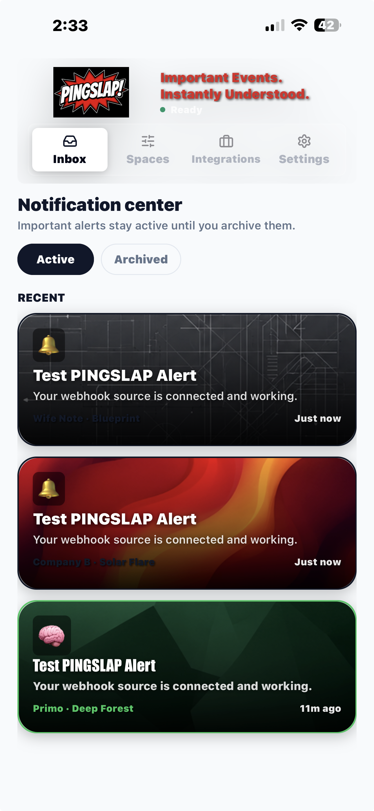 PINGSLAP inbox screen