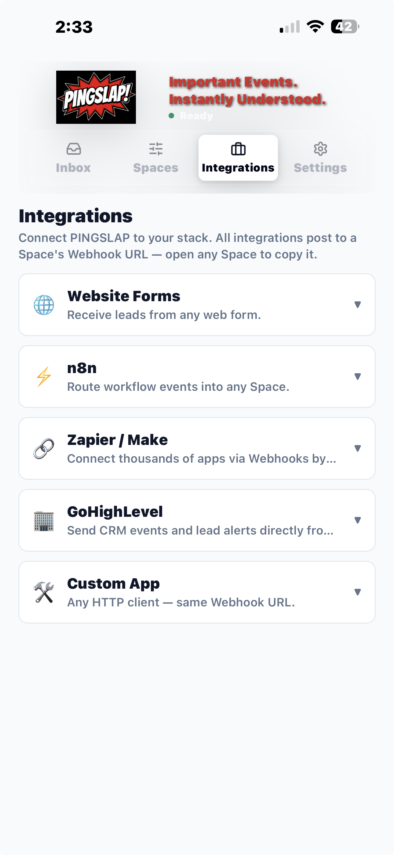 PINGSLAP integrations screen
