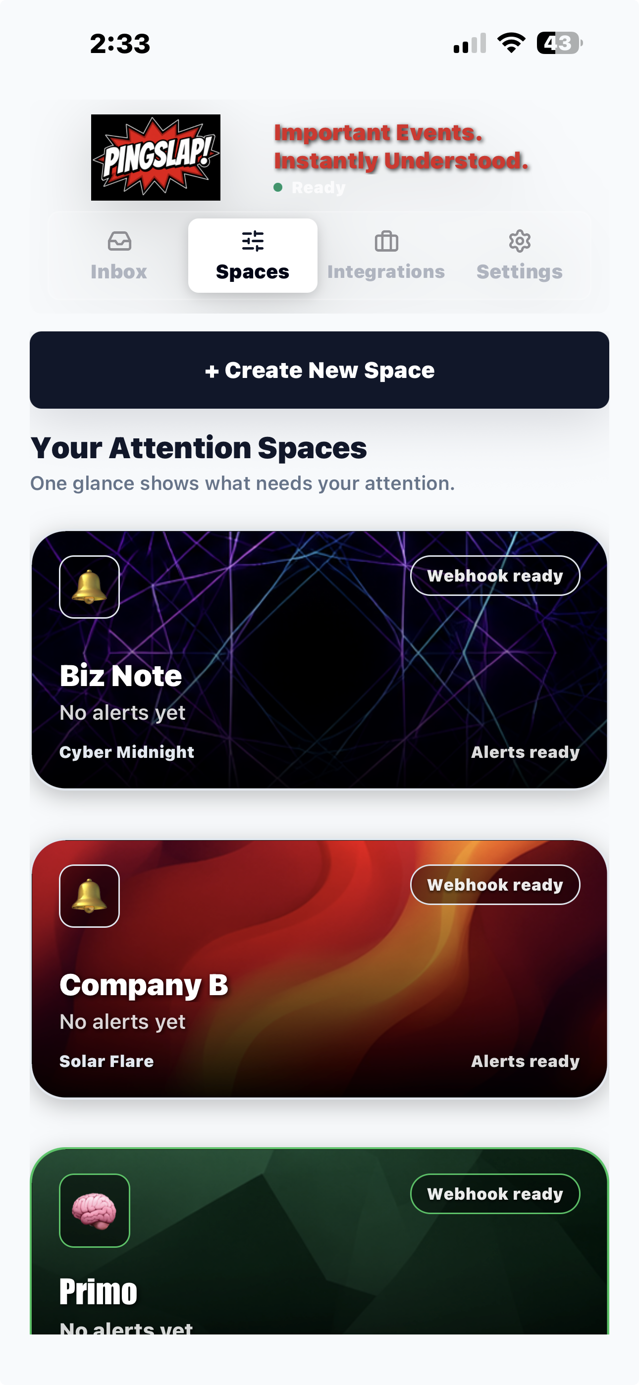 PINGSLAP spaces screen